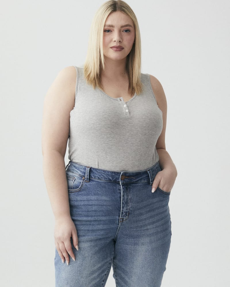 Front of a model wearing a size 1X Ana Ribbed Tank Top in Light Grey by Molly & Isadora. | dia_product_style_image_id:266460